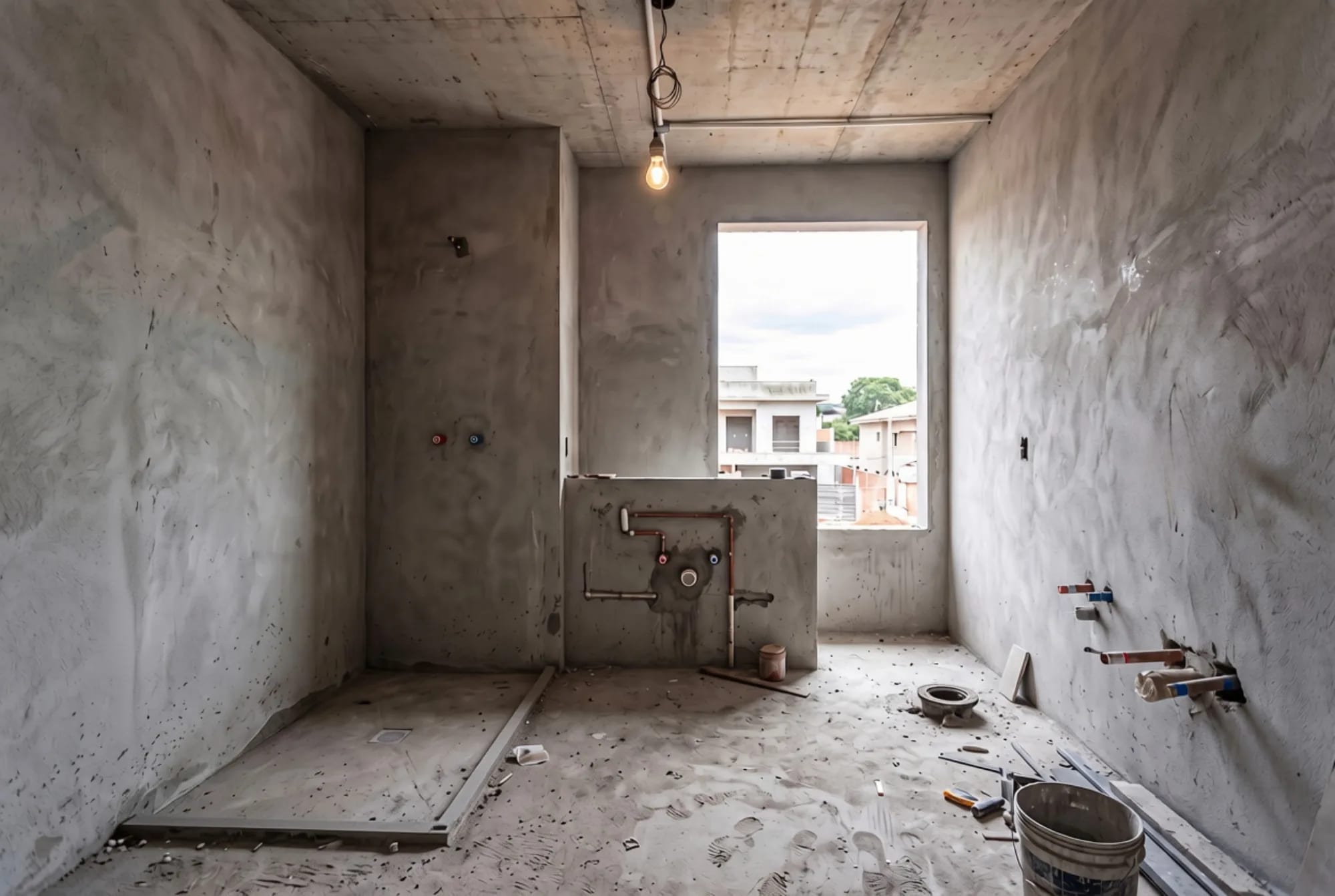 Banheiro em fase de acabamento bruto, com contrapiso, box sem instalar e pontos hidráulicos aparentes, antes da simulação