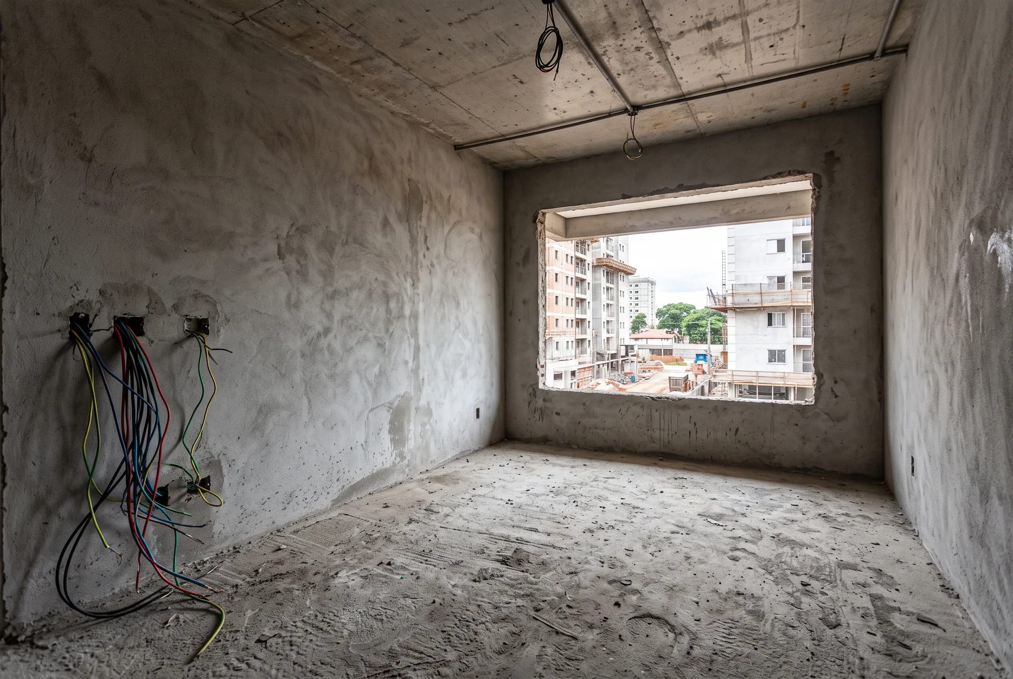 Unidade em fase de acabamento bruto, com contrapiso e paredes sem pintura, antes da simulação