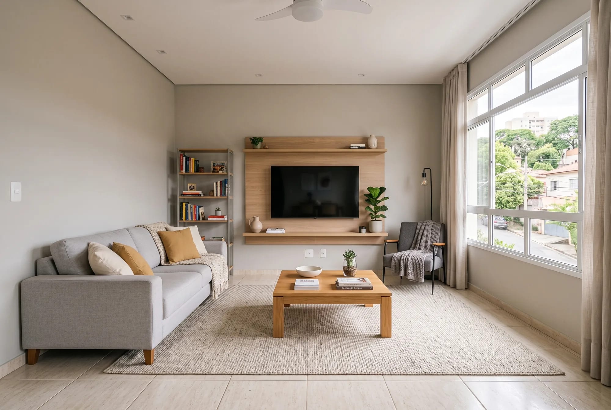 Sala de estar com parede lisa e piso simples, antes da simulação de acabamento